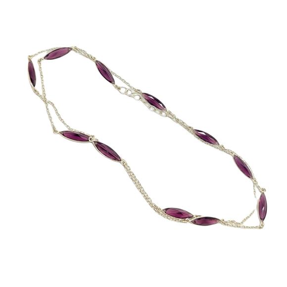 Silver-Tone Amethyst Color Purple Glass Marquise Cut Bezel Set Necklace 40" - Picture 5 of 6